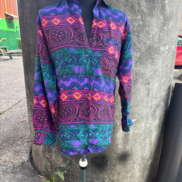 Vintage Silk Long Sleeve Blouse Womens XS Geometric Print 80's Artsy - Picture 4 of 6